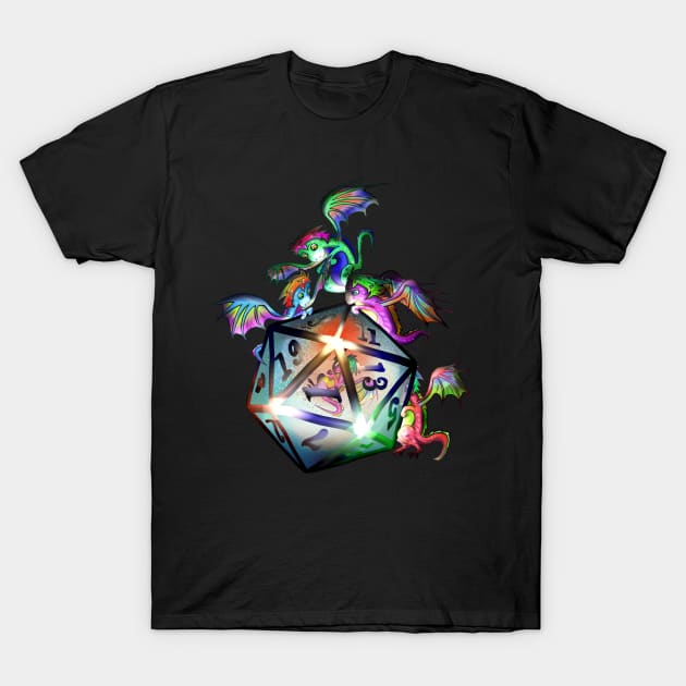 Cute tiny dragons looking into a glowing d20 dnd dice T-Shirt by cuisinecat